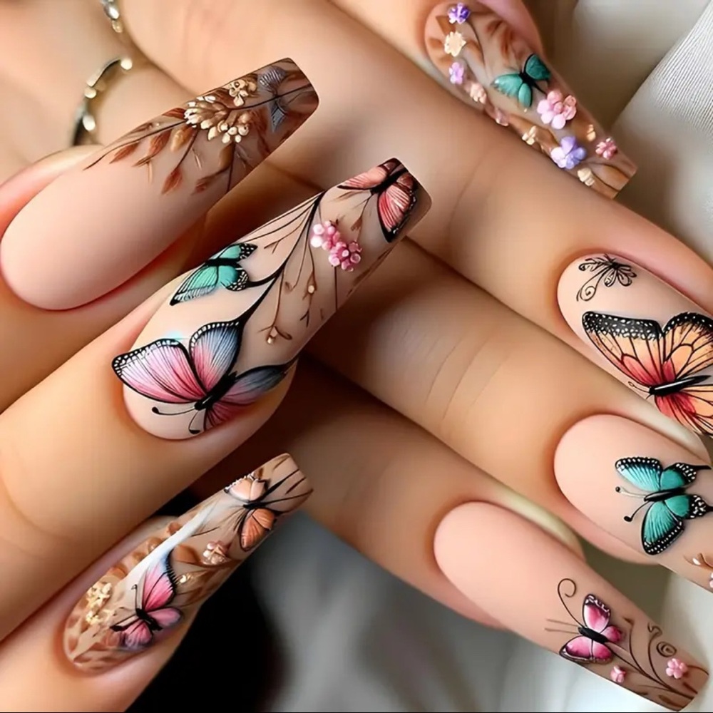 New Butterfly Nail Art Floral Design coffin shape 24 pc Matte reusable Medium